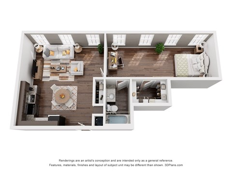 A 3D floor plan of a house with a living room, kitchen, and bedrooms.